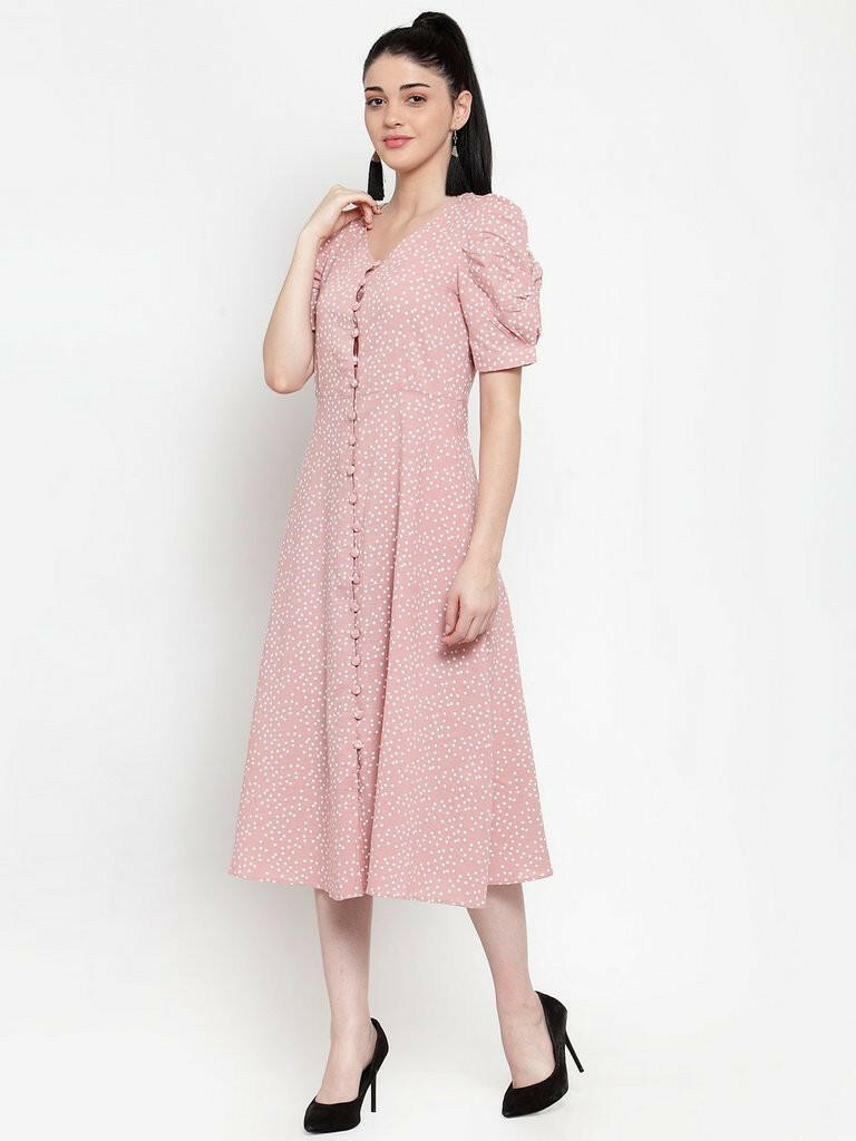 Women Pink Cotton Polka Dots Dress..