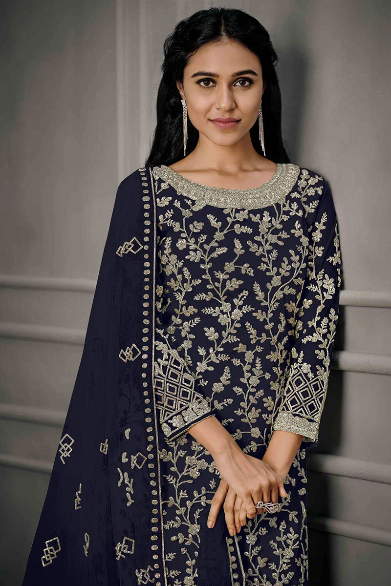 Navy Blue Sequin Embroidered Trouser Suit - Image 2